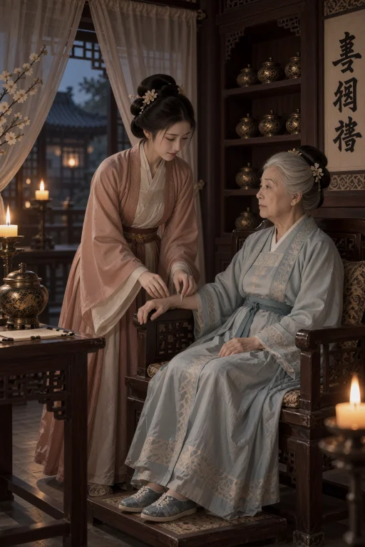 灯火温暖的医馆内,一名年轻中国女子站在坐着的年长女子旁为其诊...