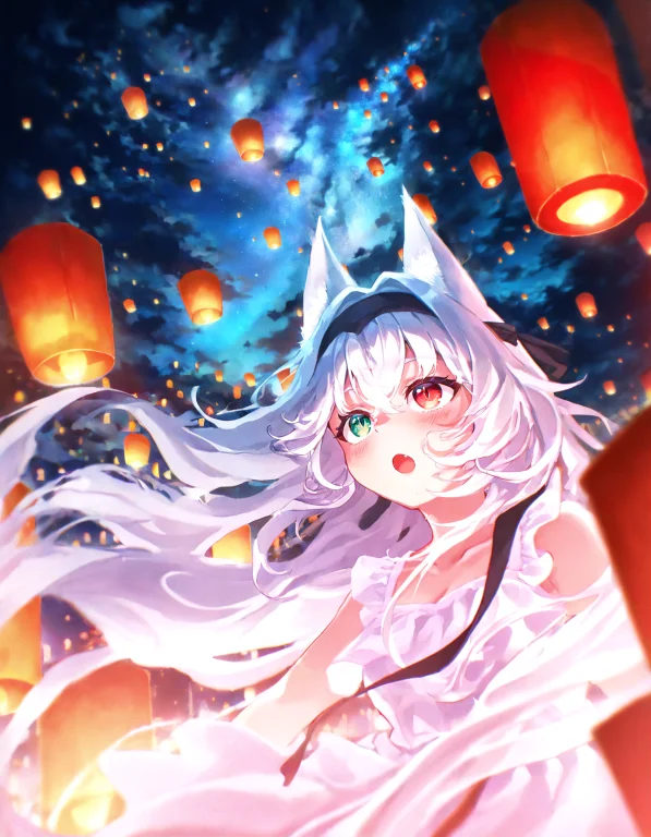 1girl, Solo, Floating Hair, O, Fang, Blush, Red Eyes, Green...