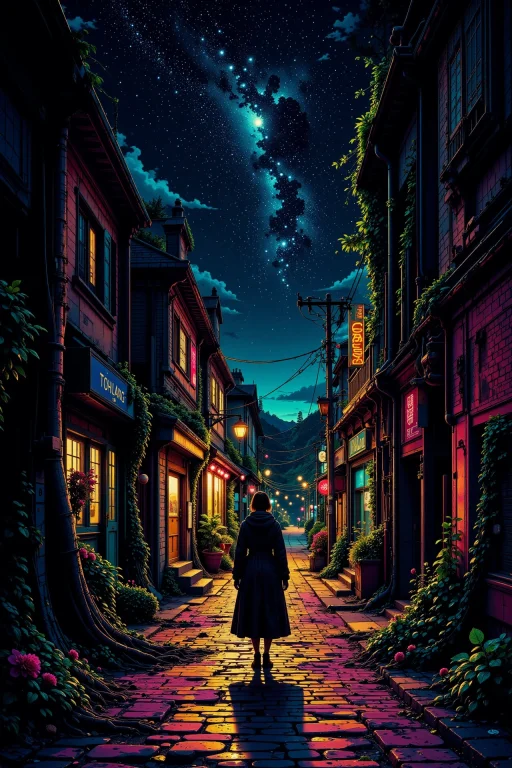 Alleyway Beautiful Landscape, Bright Luminous Night, Woman,...