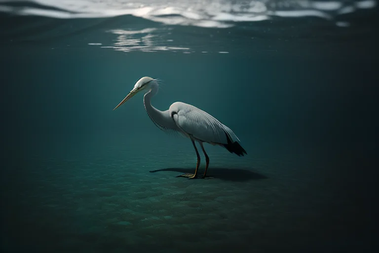 A Heron Standing Still In Glassy Shallows, Worms Eye View, M...