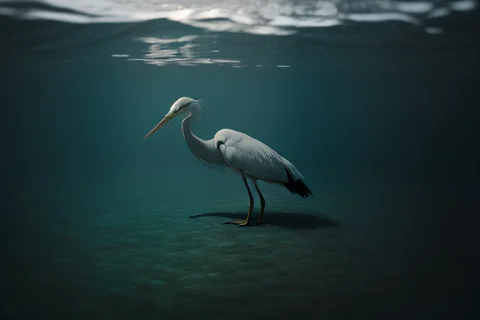 Stable Diffusion Heron Prompt — Stable Diffusion AI Prompt: a heron standing still in glassy shallows, worms eye view, moody atmosphere, ult...
