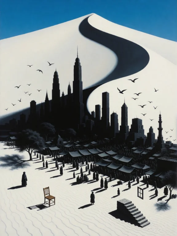 A High-contrast Surrealist Painting Of A Brilliant White Des...
