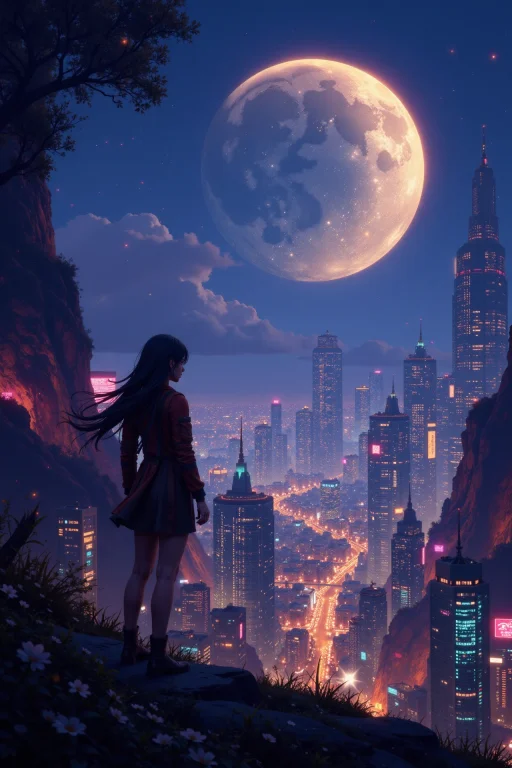 Fantasy Cyberpunk City Beautiful Landscape, Bright Luminous...
