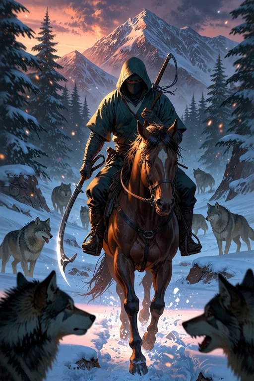 , Ninja Riding A Horse Through A Snow-covered Mountain Pass...
