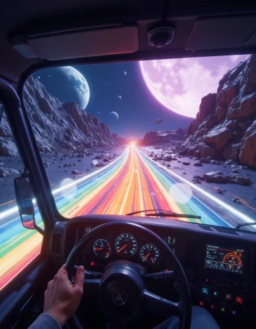 First Person Pov Driving A Truck On A Rainbow Glass Road Flo... — FLUX AI Prompt: first person POV driving a truck on a rainbow glass road floating in outer space...