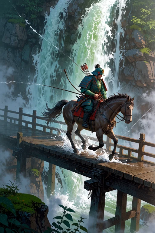 , Samurai Riding A Horse Across A Wooden Bridge Under A Ragi...