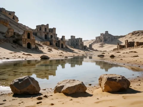 Ancient Ruins In Desert With Small Pond Reflection Sand Dune... — Stable Diffusion AI Prompt: 🏜️ ancient ruins in desert with small pond reflection sand dunes photorealistic...