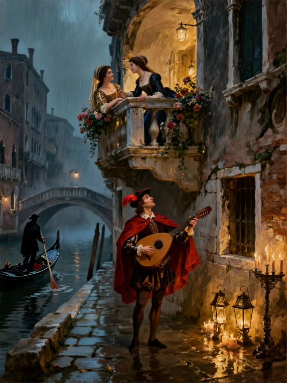 A Cinematic, Romantic Oil Painting Depicting A Serenade Scen...