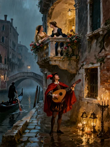 A Cinematic, Romantic Oil Painting Depicting A Serenade Scen... — Stable Diffusion AI Prompt: A cinematic, romantic oil painting depicting a serenade scene in a rainy, Veneti...
