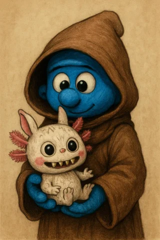 A Axolotl Labubu Doll Being Held By A Blue Smurf Like Jawa — Stable Diffusion AI Prompt: a axolotl Labubu doll being held by a blue smurf like jawa