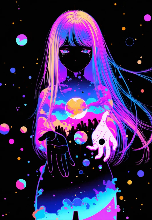 1girl, Black Background, Limited Palette, Sad, Neon, Galaxy