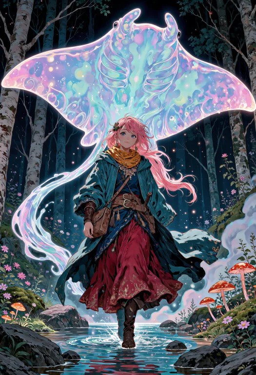Dreamlike Fantasy Anime Illustration, Night Scene. Full-body...
