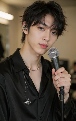 Photorealistic Backstage Portrait Of A Handsome Adult Japane... — Stable Diffusion AI Prompt: Photorealistic backstage portrait of a handsome adult Japanese male singer in hi...