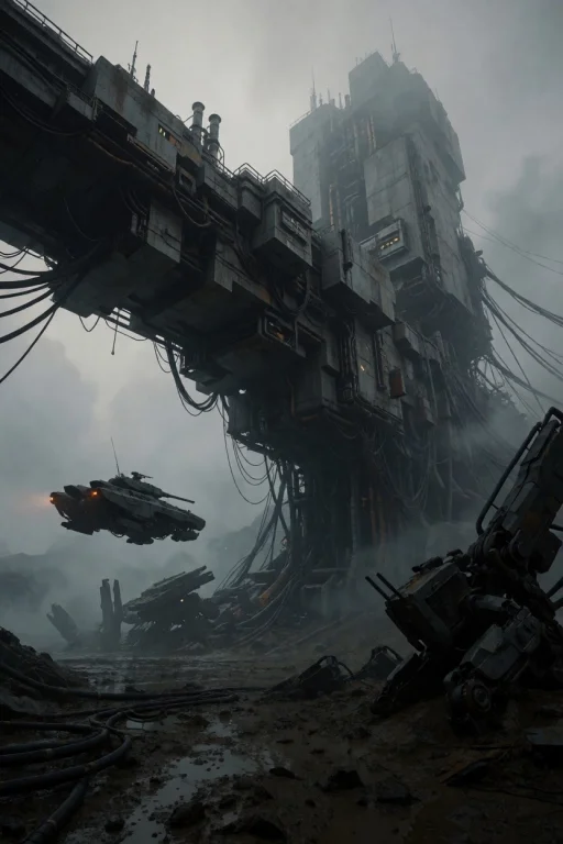 Brutalism Building, Bridge,tech Ruins, Mecha Debris, A Gritt...