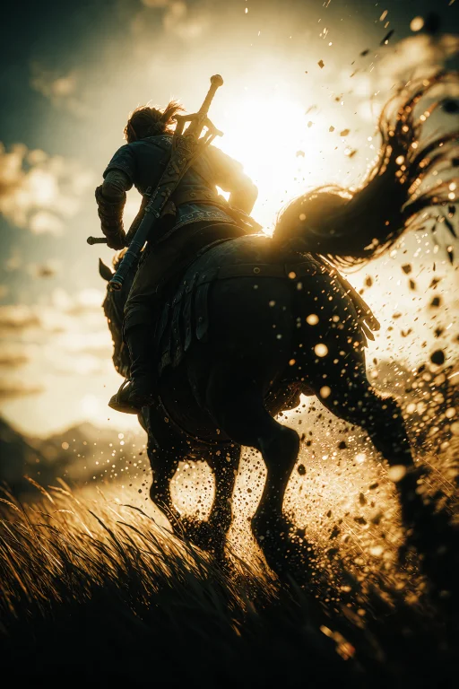 On A Backlit Grassland, Link Gallops At Full Speed, Hooves K...