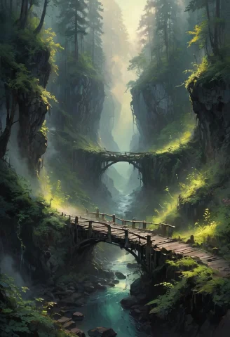 A Rickety Bridge Stretches Precariously Across A Deep Chasm,... — SDXL AI Prompt: A rickety bridge stretches precariously across a deep chasm, connecting two rugg...