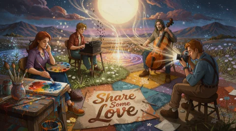 A Wide, Cinematic Shot Of A Surreal, Open-air Workshop At Du... — Stable Diffusion AI Prompt: A wide, cinematic shot of a surreal, open-air workshop at dusk, rendered in a pa...