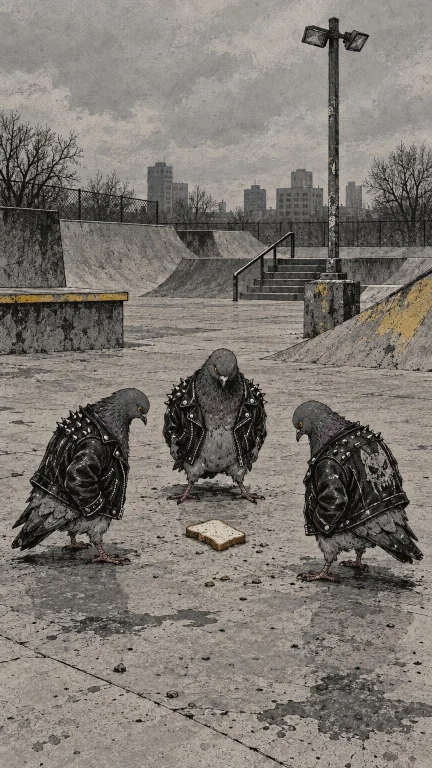 Three Anthropomorphic City Pigeons Wearing Studded Black Lea...
