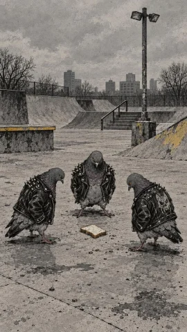 Three Anthropomorphic City Pigeons Wearing Studded Black Lea... — Stable Diffusion AI Prompt: Three anthropomorphic city pigeons wearing studded black leather jackets, standi...