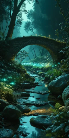 8k Analog Photo,magical Landscape1.2, A Stone Bridge Over A... — SDXL AI Prompt: (8k analog photo,magical landscape:1.2), a stone bridge over a creek in a magica...