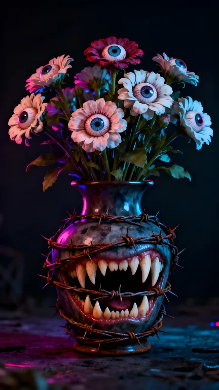 A Vase Filled With Flowers With Huge Fang Filled Jaws, The V...