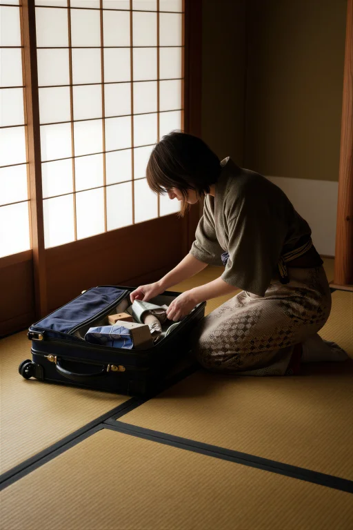 A Woman Kneels On The Tatami Floor Of A Traditional Ryokan R...