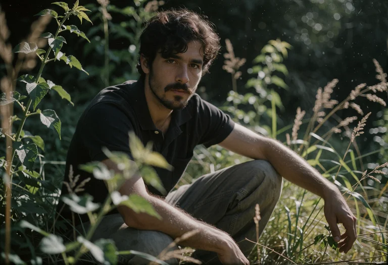 Young South Asian Man Sits Crouching Among Tall Green Foliag...