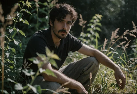 Young South Asian Man Sits Crouching Among Tall Green Foliag... — Stable Diffusion AI Prompt: Young South Asian man sits crouching among tall green foliage wearing faded char...