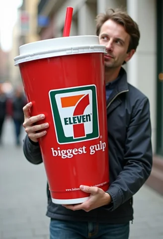 A Man Carrying The Largest 7-eleven Soda Cup In The World La... — FLUX AI Prompt: A man carrying the largest 7-Eleven soda cup in the world labeled "biggest gulp"...