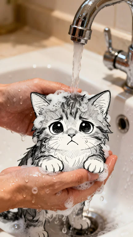 A Pair Of Photorealistic Hands Holding A Small Kitten Under...