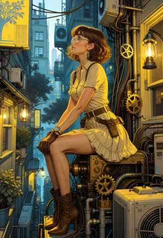 A Steampunk Cyberpunk Woman With Short Wavy Curly Brown Hair... — Stable Diffusion AI Prompt: A steampunk cyberpunk woman with short wavy curly brown hair sits in profile vie...