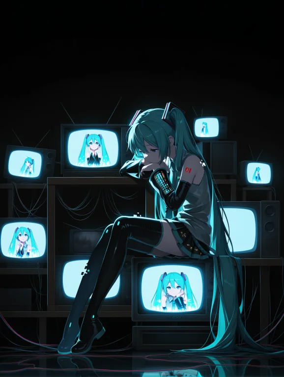 1girl,hatsune Miku, Sitting,monitor,head Rest, Television, S...