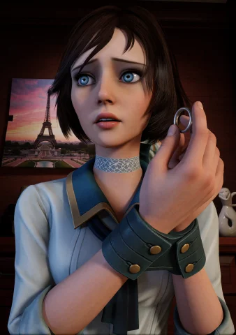 Tense CGI Woman Bound in Uniform — Stable Diffusion AI Prompt: eli_bio. This is a digital CGI image depicting a young woman with a concerned ex...