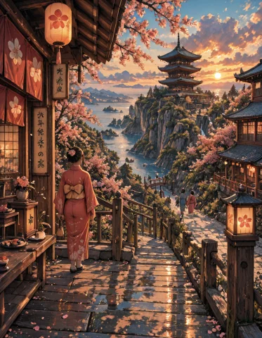 Stable Diffusion Japanese Kimono Prompt — Stable Diffusion AI Prompt: z1os, a woman wearing an elegant traditional Japanese kimono, standing at the e...