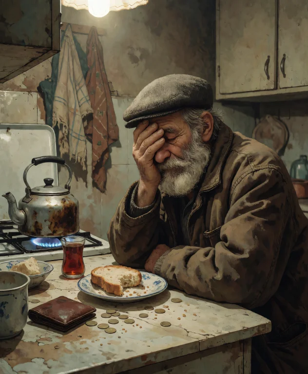 An Elderly Man With A Gray Beard And Flat Cap Sits At A Worn...