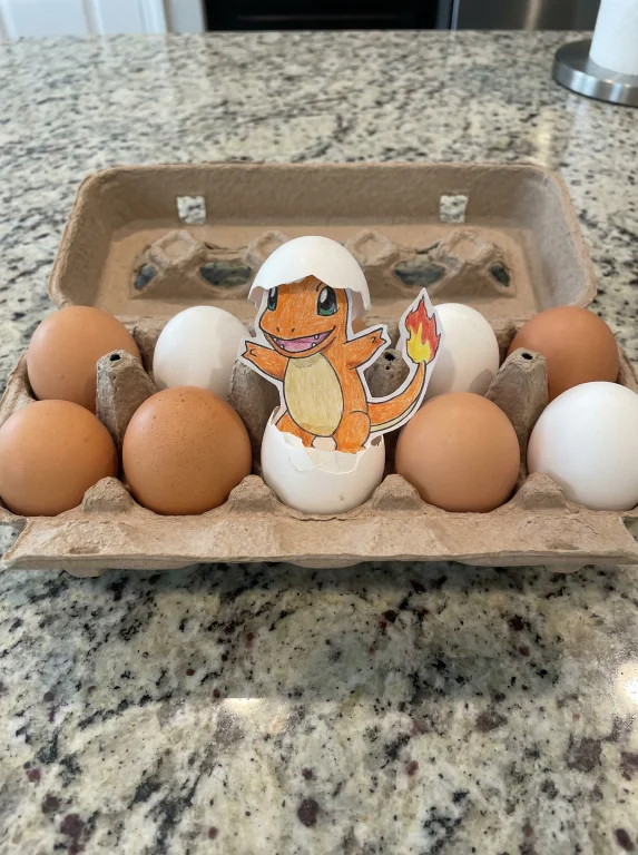A Cute Cartoon Charmander Hatching From A Small White Egg, W...