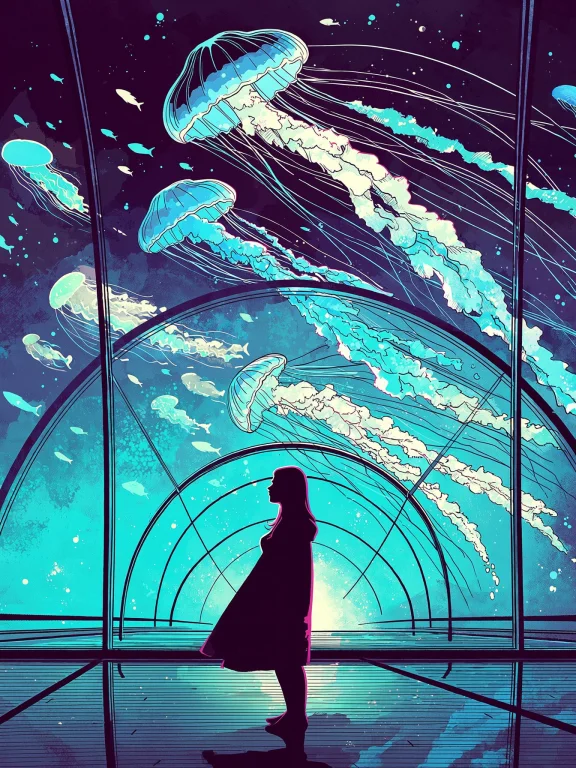 A Young Woman In Silhouette Standing Inside A Giant Aquarium...