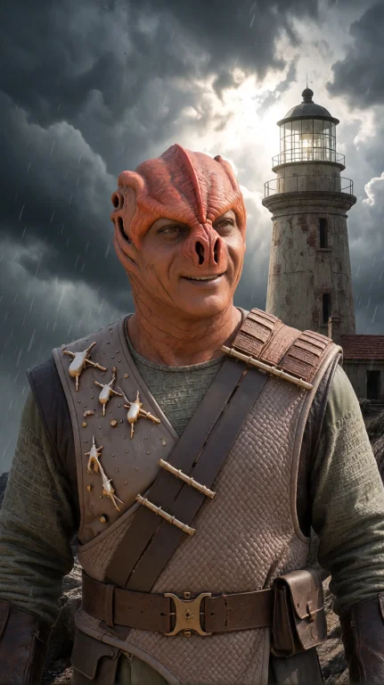 Tmrnml Alien Man, Chest-up, Eye-level, Standing, Smiling, Li...