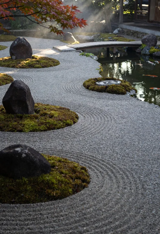 A Serene Japanese Zen Garden Viewed From A Low Perspective W...