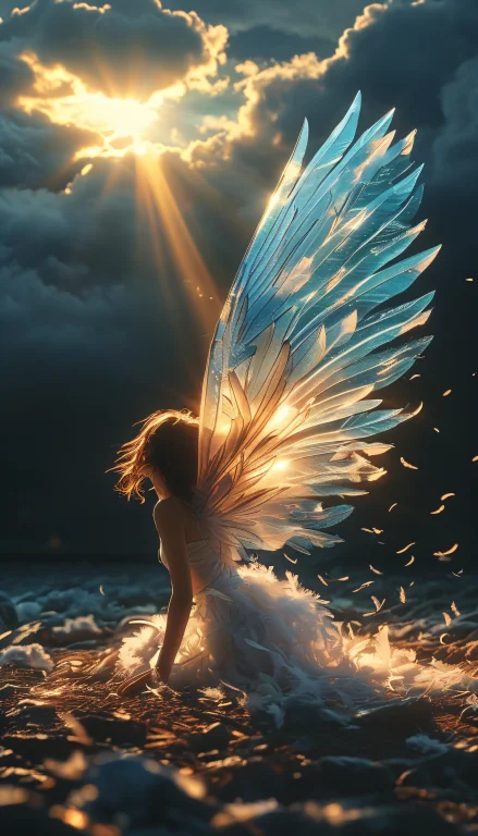 Half Transparent Wings Glowing In Darkness, Feathers Release...