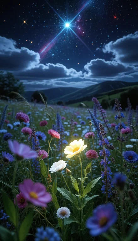 A Starlit Meadow, Where The Flowers Seem To Glow Under The L...