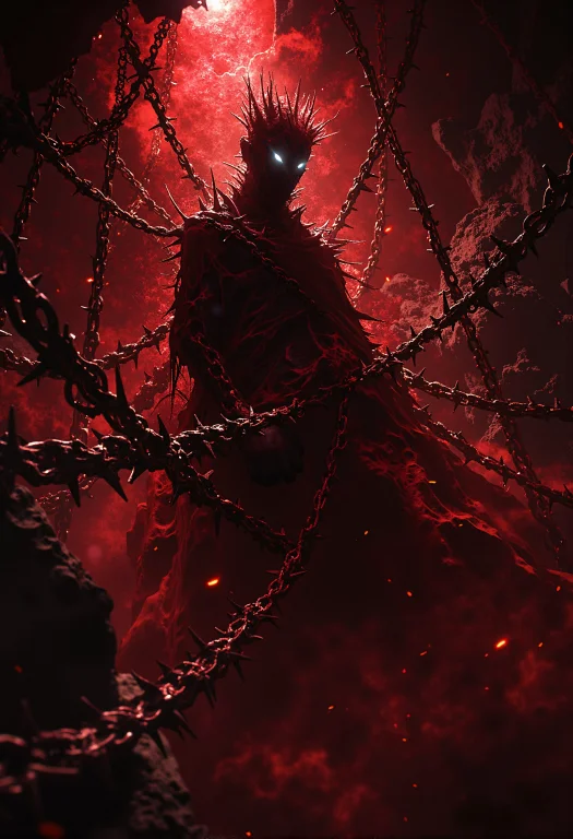 A Haunting, Surreal Scene Of A Figure Fully Cocooned In Spik...