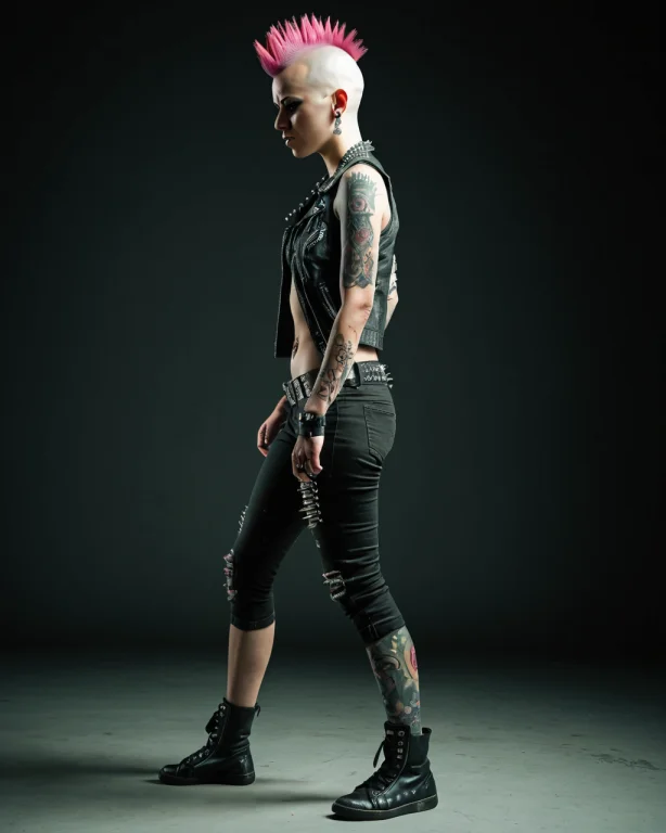 A Punk Girl With A Mohawk Haircut, Full Body Visible, Aggres...