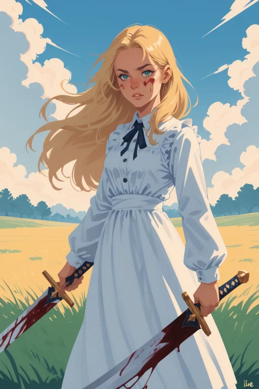 1girl, Weapon, Dress, Long Hair, Solo, Blonde Hair, Sword, B...