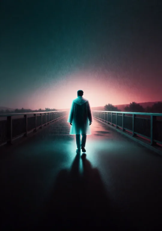 A Man In A Raincoat Walking Across A Wide Empty Bridge Towar...