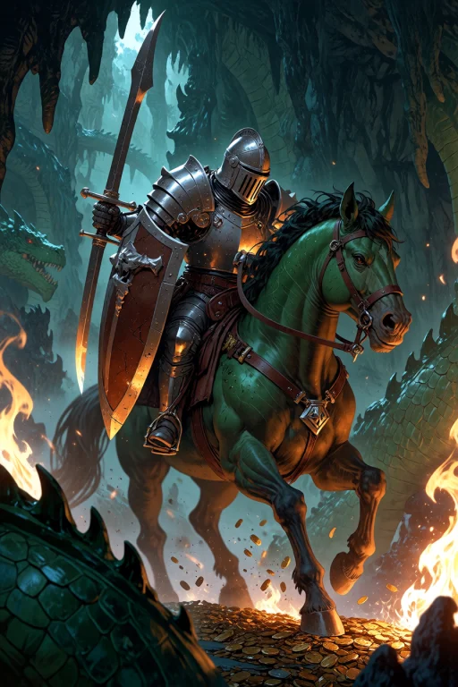 , Knight Riding A Horse Through A Dragons Cave Stalagmites B...