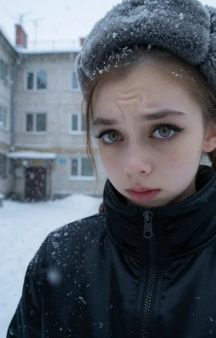 Hyperrealistic Girl Portraits — Stable Diffusion AI Prompt: Close-up portrait of a young girl delivering the viral Slavic stare: chin slight...