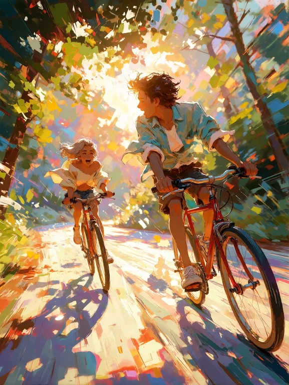 Two Friends Riding Bicycles Along A Country Road In Late Aft...