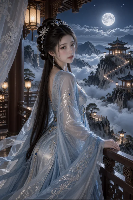 中景、平视、侧背人像，一名22岁中国女子站在山崖楼阁的木栏边，...
