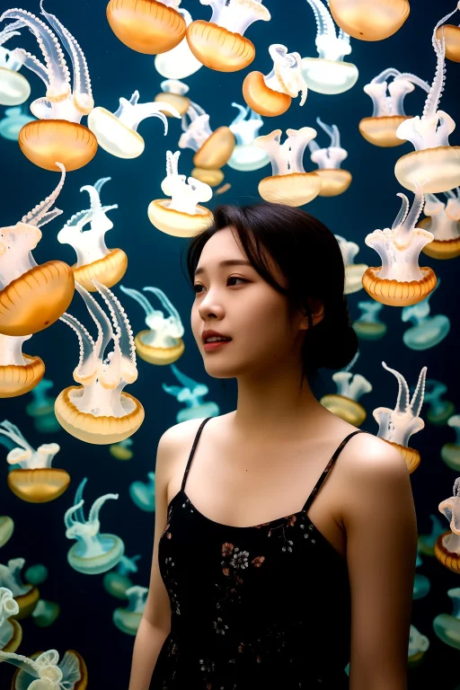 Woman Mid Shot In A Bunch Of Jellyfish Lost Inside An Unknow...